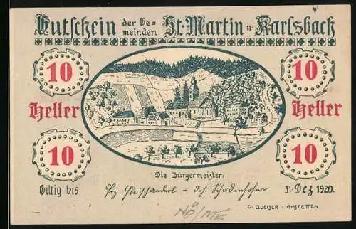 Notgeld St. Martin und Karlsbach, 1920, 10 Heller, Landschaftsdarstellungen mit Gebäuden und Text