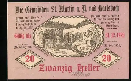 Notgeld St. Martin a. D. und Karlsbach, 1920, 20 Heller, Landschaft mit Gebäuden und Wald, gültig bis 31.12.1920