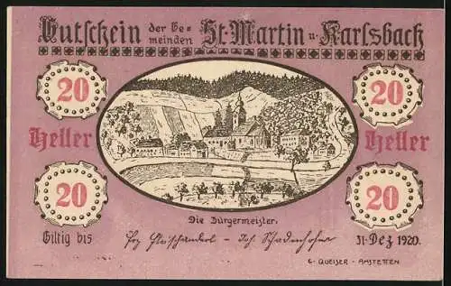 Notgeld St. Martin a. D. und Karlsbach, 1920, 20 Heller, Landschaft mit Gebäuden und Wald, gültig bis 31.12.1920