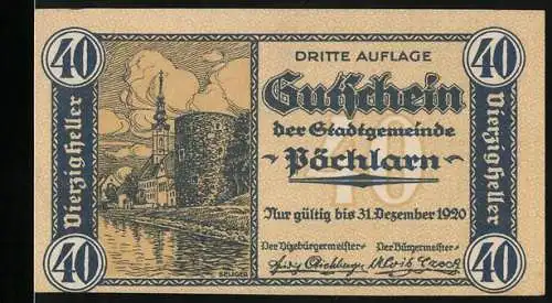 Notgeld Pöchlarn, 1920, 40 Heller, Dritte Auflage, Stadtansicht mit Fluss und Kirche