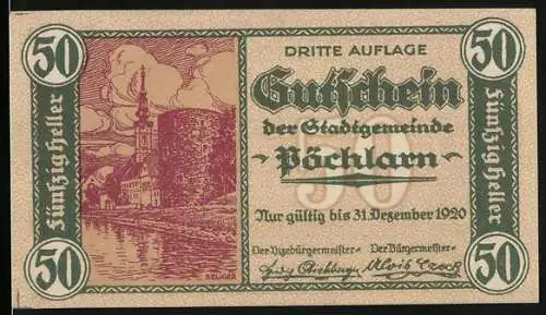 Notgeld Pöchlarn 1920, 50 Heller, Stadtansicht mit Kirche und Befestigungsmauern, dritte Auflage