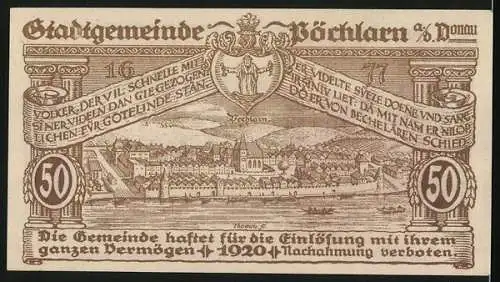 Notgeld Pöchlarn 1920, 50 Heller, Stadtansicht mit Kirche und Befestigungsmauern, dritte Auflage