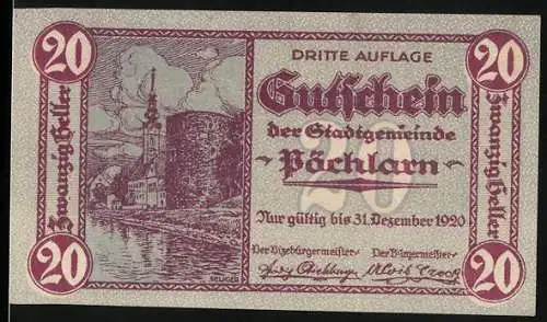 Notgeld Pöchlarn 1920, 20 Heller, dritte Auflage, Ansicht der Stadt und des Wasserturms, gültig bis 31. Dezember 1920