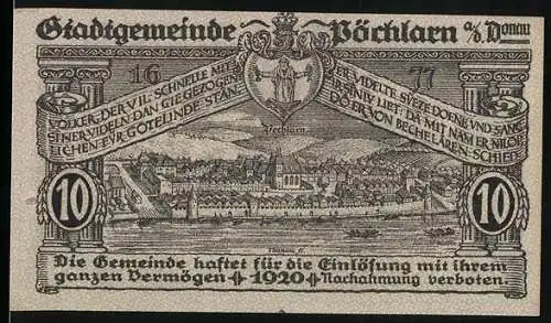 Notgeld Pöchlarn 1920, 10 Heller, Stadtansicht und Burg, dritte Auflage, gültig bis 31. Dezember 1920