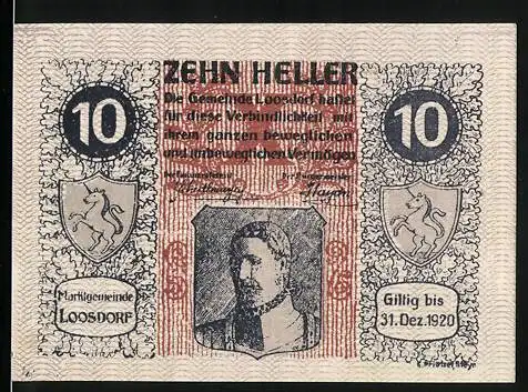 Notgeld Loosdorf 1920, 10 Heller, Gültig bis 31. Dez. 1920, mit Löwenwappen und Porträt