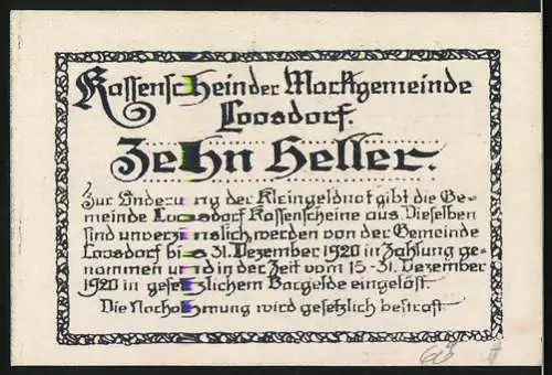 Notgeld Loosdorf 1920, 10 Heller, Gültig bis 31. Dez. 1920, mit Löwenwappen und Porträt