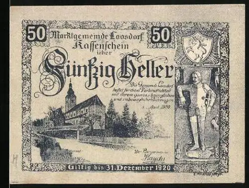 Notgeld Loosdorf, 1920, 50 Heller, Marktschein mit Kirche und Ritterdarstellung, gültig bis 31. Dezember 1920