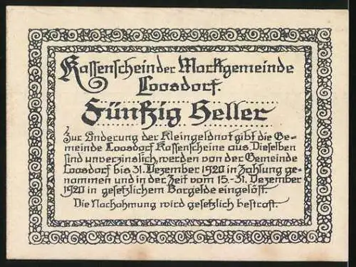 Notgeld Loosdorf, 1920, 50 Heller, Marktschein mit Kirche und Ritterdarstellung, gültig bis 31. Dezember 1920