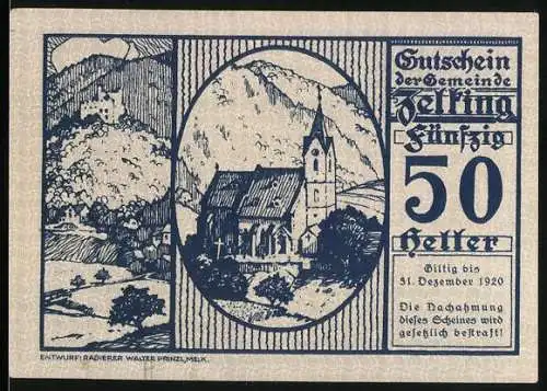 Notgeld Zelking 1920, 50 Heller, Gutschein der Gemeinde Zelking Niederösterreich mit Kirche und Burgansicht