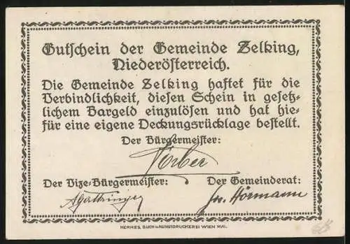 Notgeld Zelking 1920, 50 Heller, Gutschein der Gemeinde Zelking Niederösterreich mit Kirche und Burgansicht