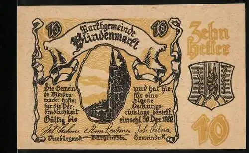 Notgeld Blindenmarkt 1920, 10 Heller, Motiv Kirche und Wappen, Gültig bis Ende 1920