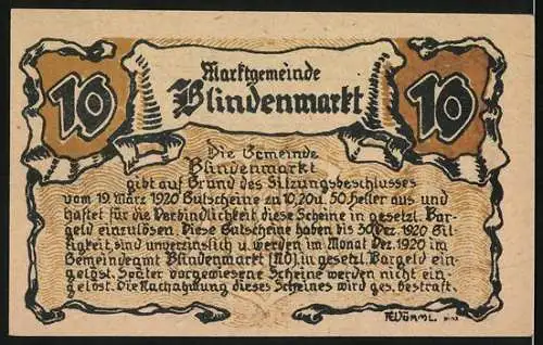 Notgeld Blindenmarkt 1920, 10 Heller, Motiv Kirche und Wappen, Gültig bis Ende 1920