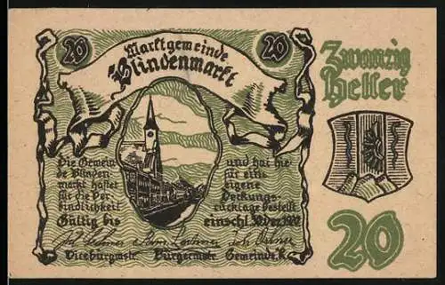 Notgeld Blindenmarkt, 1920, 20 Heller, Kirche und Schriften auf Vorderseite, Gemeindeerklärung auf Rückseite