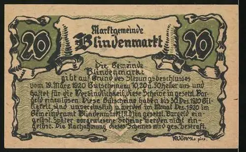 Notgeld Blindenmarkt, 1920, 20 Heller, Kirche und Schriften auf Vorderseite, Gemeindeerklärung auf Rückseite