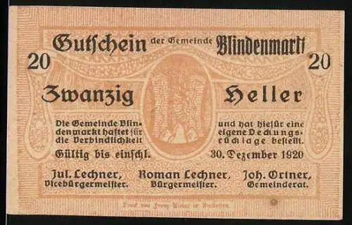 Notgeld Blindenmarkt, 1920, 20 Heller, Gutschein der Gemeinde Blindenmarkt, gültig bis 30. Dezember 1920