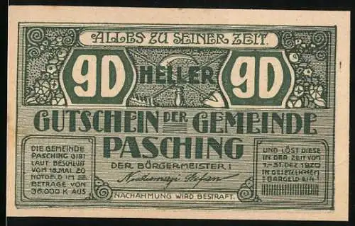 Notgeld Pasching, 1920, 90 Heller, Gutschein der Gemeinde Pasching mit Schulhaus und Zuckerrübenfeld