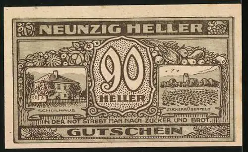 Notgeld Pasching, 1920, 90 Heller, Gutschein der Gemeinde Pasching mit Schulhaus und Zuckerrübenfeld