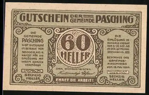 Notgeld Pasching, 1920, 60 Heller, Ortskirche mit dem Zwiebelturm und Text Ehret die Arbeit