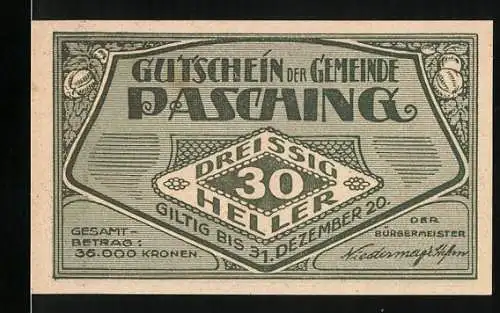 Notgeld Pasching, 1920, 30 Heller, Gutschein der Gemeinde Pasching, Gültig bis 31.12.1920, Gesamtbetrag 36.000 Kronen