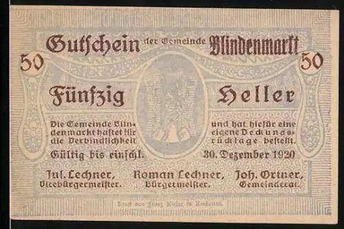 Notgeld Blindenmarkt 1920, 50 Heller, Gutschein der Gemeinde Blindenmarkt Niederösterreich