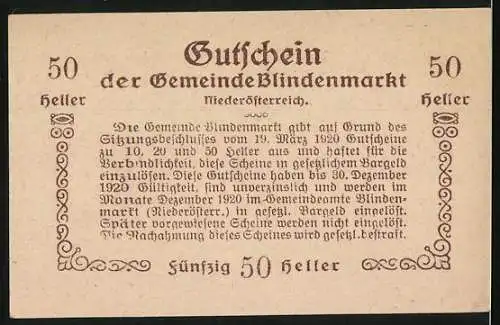 Notgeld Blindenmarkt 1920, 50 Heller, Gutschein der Gemeinde Blindenmarkt Niederösterreich