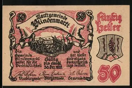 Notgeld Blindenmarkt, 1920, 50 Heller, Historische Notiz und Abbildung eines Hauses, Rot-Schwarz Design