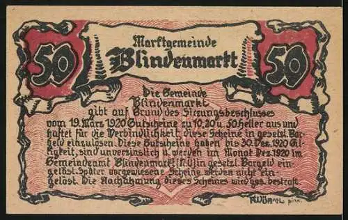 Notgeld Blindenmarkt, 1920, 50 Heller, Historische Notiz und Abbildung eines Hauses, Rot-Schwarz Design