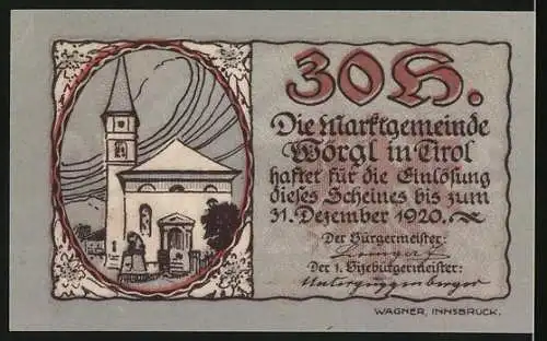 Notgeld Wörgl 1920, 30 Heller, Gebäude mit Wappen und Kirche