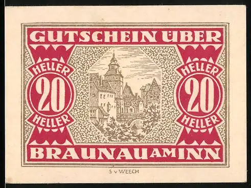 Notgeld Braunau am Inn, 20 Heller, Stadtansicht und Wappen, gültig bis 31. Dez 1920