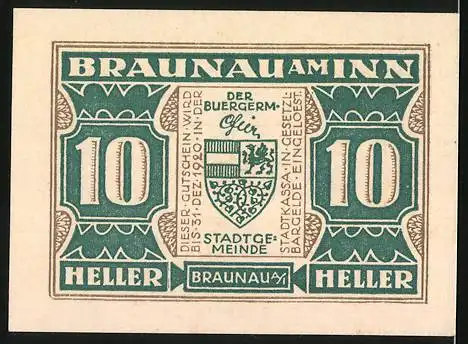 Notgeld Braunau am Inn, 10 Heller, Ratsherr Steininger 1567 und Stadtwappen der Stadtgemeinde