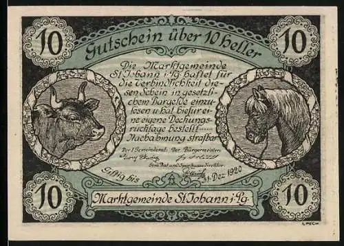 Notgeld St. Johann, 1920, 10 Heller, Gutscheinschein mit Kuh und Pferd, Landschaftsansicht auf Rückseite