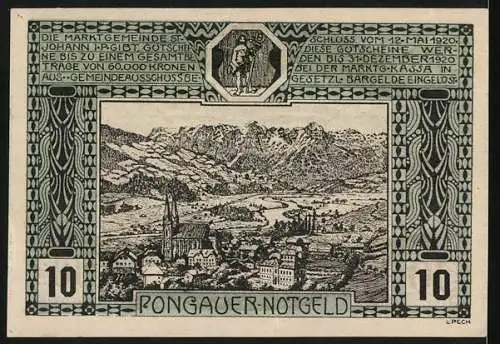 Notgeld St. Johann, 1920, 10 Heller, Gutscheinschein mit Kuh und Pferd, Landschaftsansicht auf Rückseite