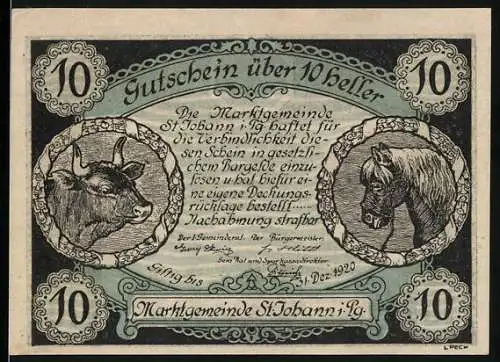 Notgeld St. Johann, 1920, 10 Heller, Tiere und Landschaftsabbildung