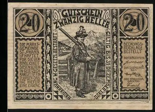 Notgeld St. Johann, 1920, 20 Heller, Pongauer Notgeld mit Lichtensteinklamm und Schütze