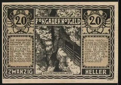 Notgeld St. Johann, 1920, 20 Heller, Pongauer Notgeld mit Lichtensteinklamm und Schütze