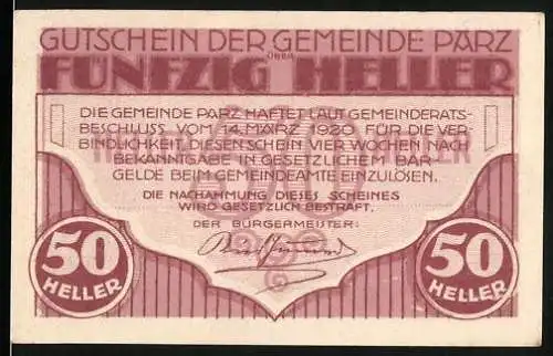 Notgeld Parz 1920, 50 Heller, Gutschein der Gemeinde Parz mit Schloss Parz Motiv