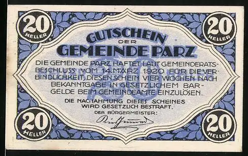 Notgeld Parz 1920, 20 Heller, Gutschein der Gemeinde Parz mit Abbildung von Schloss Schlüsselberg