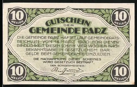 Notgeld Parz 1920, 10 Heller, Gutschein der Gemeinde Parz mit Schloss Schlüsselberg auf der Rückseite