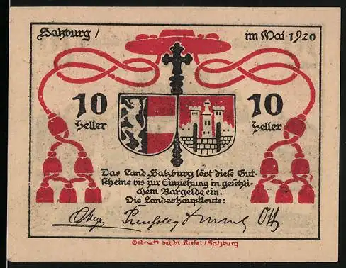 Notgeld Salzburg, 1920, 10 Heller, Wappen und Stadtansicht von Salzburg