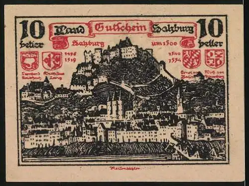 Notgeld Salzburg, 1920, 10 Heller, Wappen und Stadtansicht von Salzburg