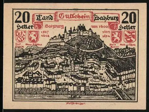 Notgeld Salzburg, 1920, 20 Heller, Stadtansicht und Wappen mit Kreuz