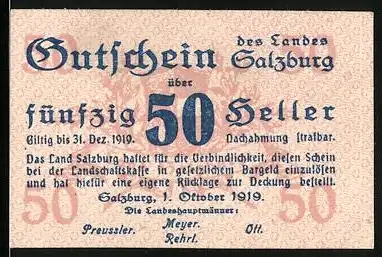 Notgeld Salzburg 1919, 50 Heller, Gutschein des Landes Salzburg gültig bis 31. Dez. 1919