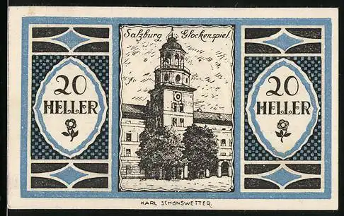 Notgeld Salzburg 1920, 20 Heller, Glockenspiel und Gutschein der Stadt Salzburg