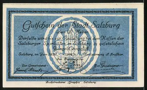 Notgeld Salzburg 1920, 20 Heller, Glockenspiel und Gutschein der Stadt Salzburg