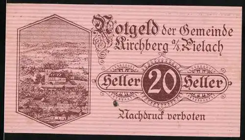 Notgeld Kirchberg an der Pielach, 1920, 20 Heller, Landschaftsillustration und Text über Pielachtal