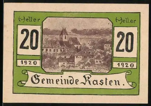 Notgeld Kasten, 1920, 20 Heller, Landschaftsansicht und Sicherheitshinweis rückseitig