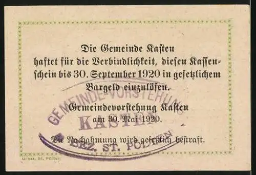 Notgeld Kasten, 1920, 20 Heller, Landschaftsansicht und Sicherheitshinweis rückseitig