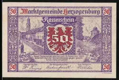 Notgeld Herzogenburg 1920, 50 Heller, Kassenschein mit Stadtansicht und Wappen, lilafarben