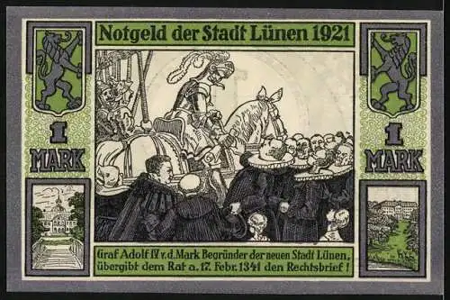 Notgeld Lünen 1921, 1 Mark, Vorderseite grünes Ornament und Text, Rückseite Graf Adolf IV Übergabe des Rechtsbriefs