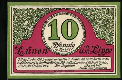 Notgeld Lünen 1921, 10 Pfennig, Vorderseite mit Ziermustern und Text, Rückseite mit Arbeiter und Wappen